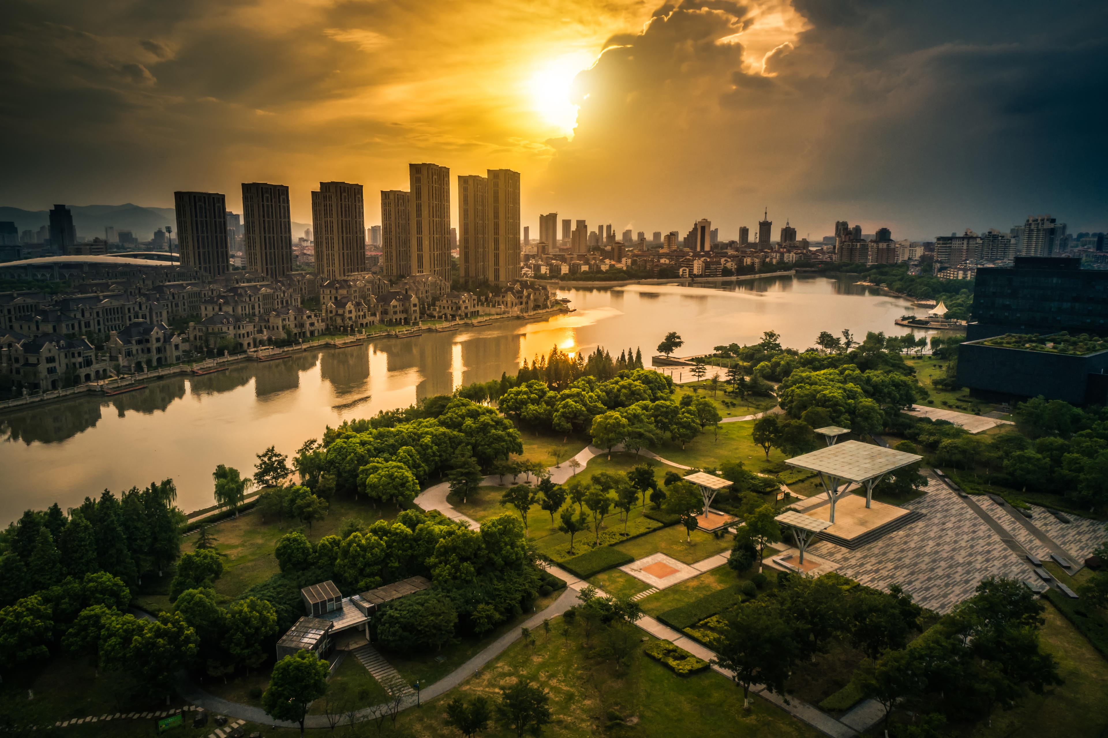 City skyline at sunset